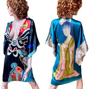 MEGHAN Los Angeles Rare Fabulous Silk Kabuki KIMONO Sleeve Tunic DRESS Medium
